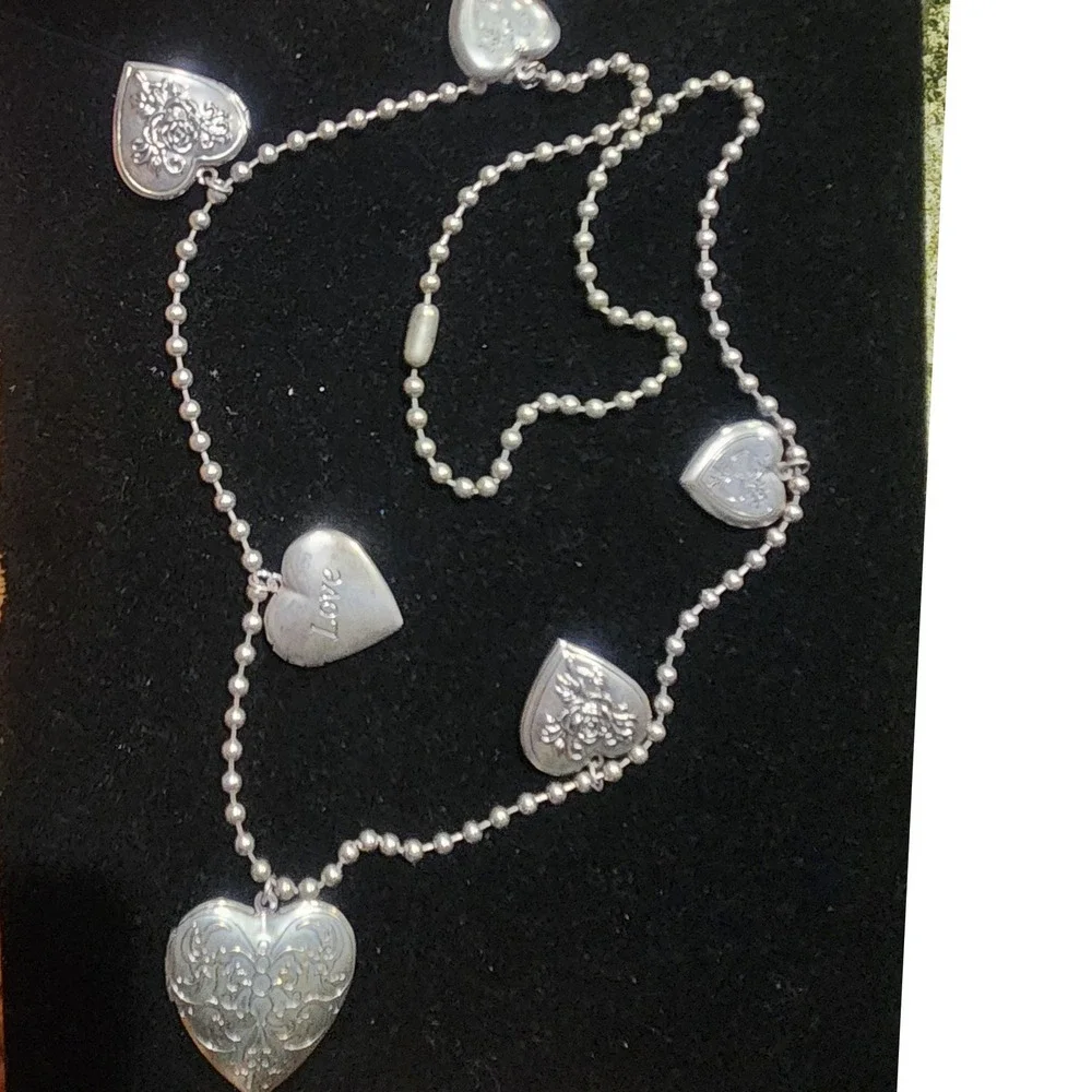 Silver Tone Heart Locket Charm‎ Necklace Beaded Chain Love Rose Engraved